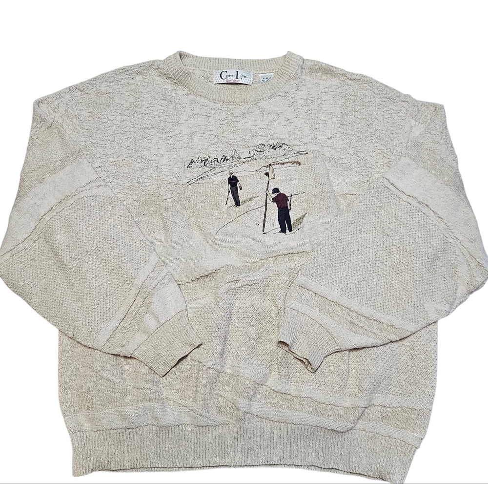 Vintage Cypress Links Golf Sweater XL Cream Textured Knit Embroidered 90s Dad